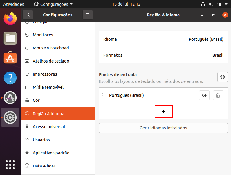 Tela da aba de configurações aberta, na subcategoria Região & Idioma, ressaltando o ícone de adição '+' 