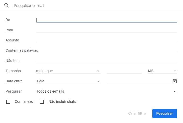 Filtro da área avançado do gmail contendo os campos para o preenchimento e o botão filtrar