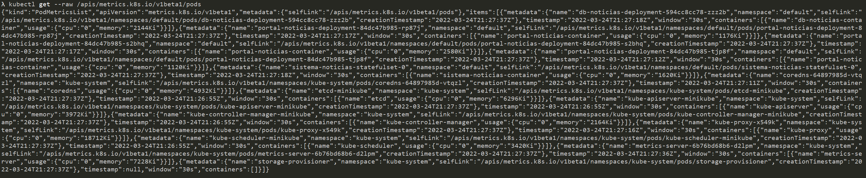 Lista de métricas populada