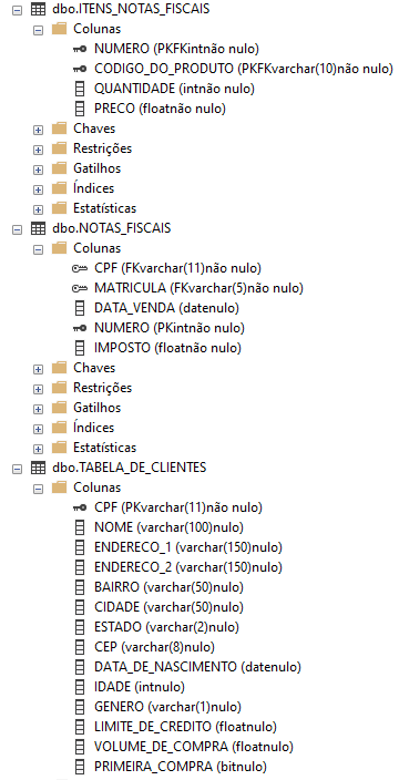 Imagem que mostra estruturas das colunas de algumas tabelas