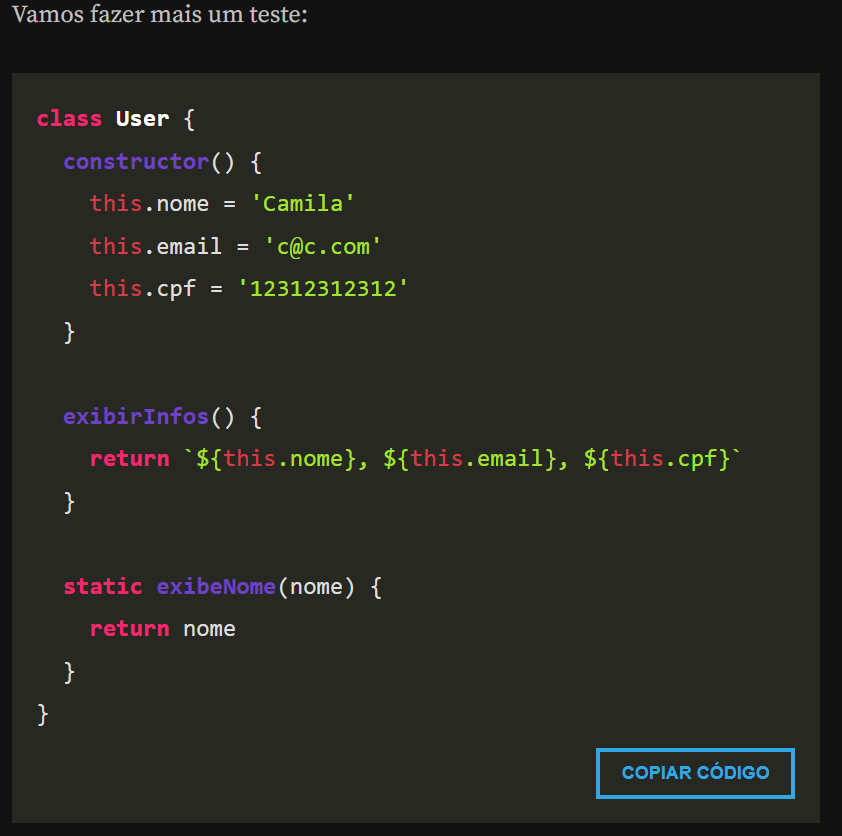 Código exemplo, criando a Classe User com um método estático