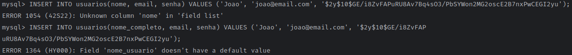 IMAGEM DO ERRO NO MYSQL