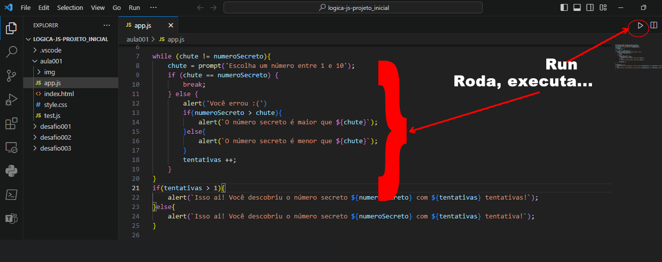 Exemplo de como o VSCode roda um script / código JS