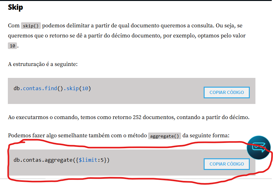 A imagem mostra um trecho de uma página da web com explicações sobre os métodos .skip() e .aggregate() do MongoDB. A seção se chama “Skip”.