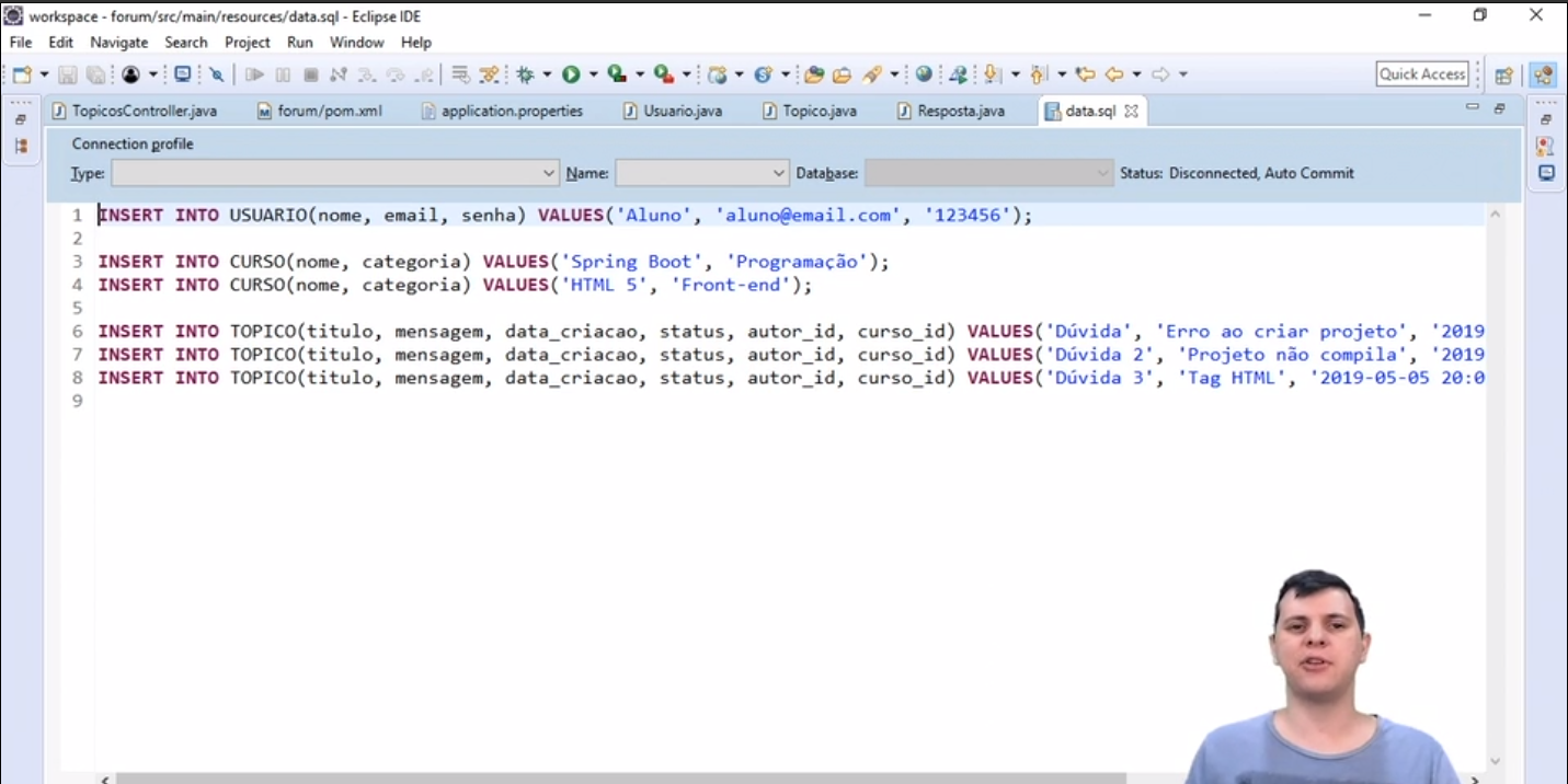 arquivo .sql aberto dentro do eclipse