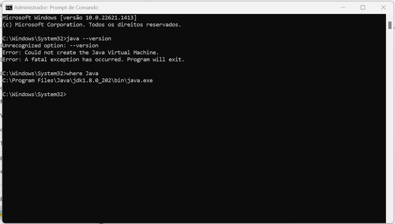 cmd com o erro ao rodar java --version