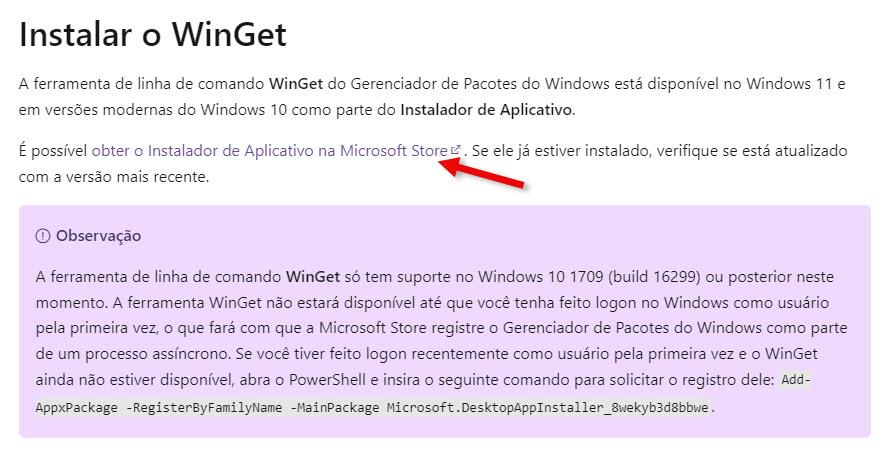 Seção da documentação do WinGet explicando como instalar.