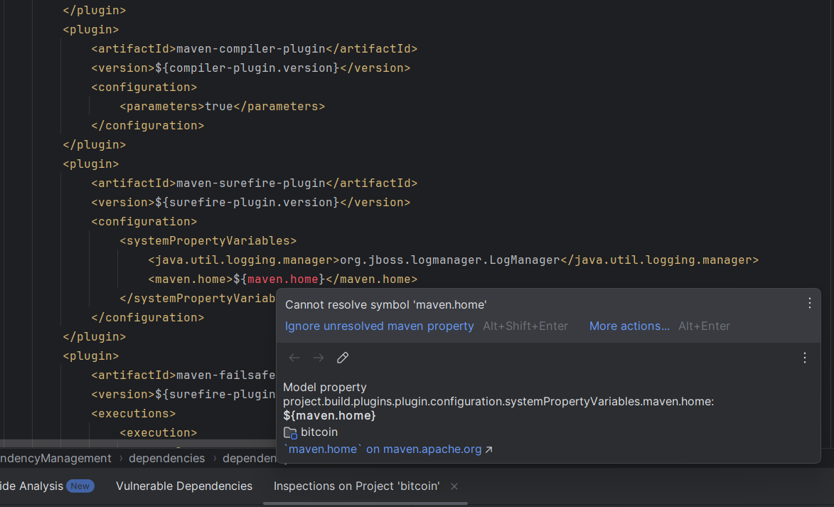 A imagem contém uma parte do código do pom.xml. Esta imagem mostra que a IDE IntelliJ não conseguiu encontrar a linha de código <maven.home>${maven.home}</maven.home>