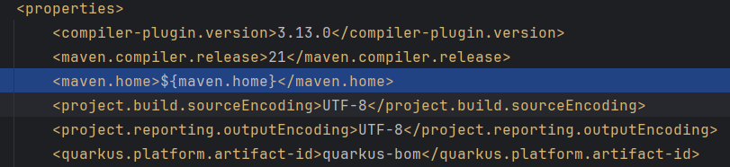 A imagem mostra a linha de código <maven.home>${maven.home}</maven.home> dentro do campo properties