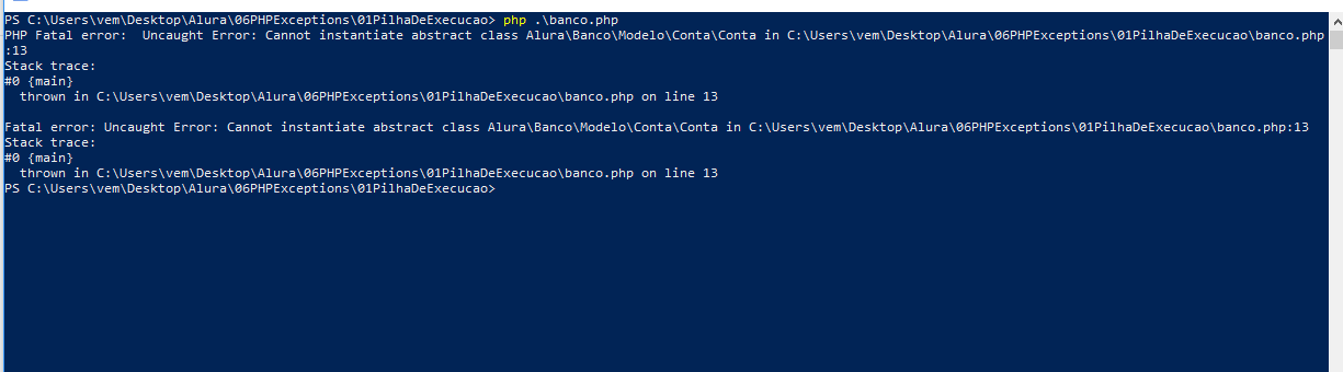 Print do powershell após executar o código e aparece o seguinte erro: Cannot instantiate abstract class