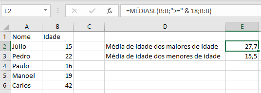 Exemplo de média dos maiores de idade