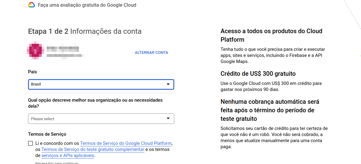 imagem mostrando tela de incrição para conta gratuita do google cloud platform