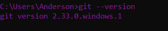 Parte da tela do Prompt de Comando aberta com a seguinte linha de comando "C:\Users\Anderson> git --version" e na linha de baixo está escrito "git version 2.33.0.windows.1" 