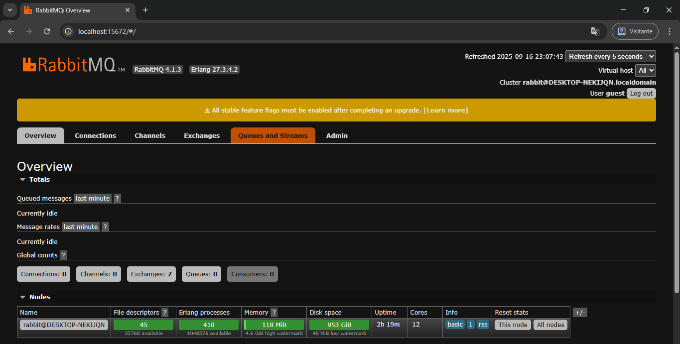Tela inicial do RabbitMQ após o login na plataforma, ele apresenta as 7 exchaneds, enquanto os demais contadores estão zerados