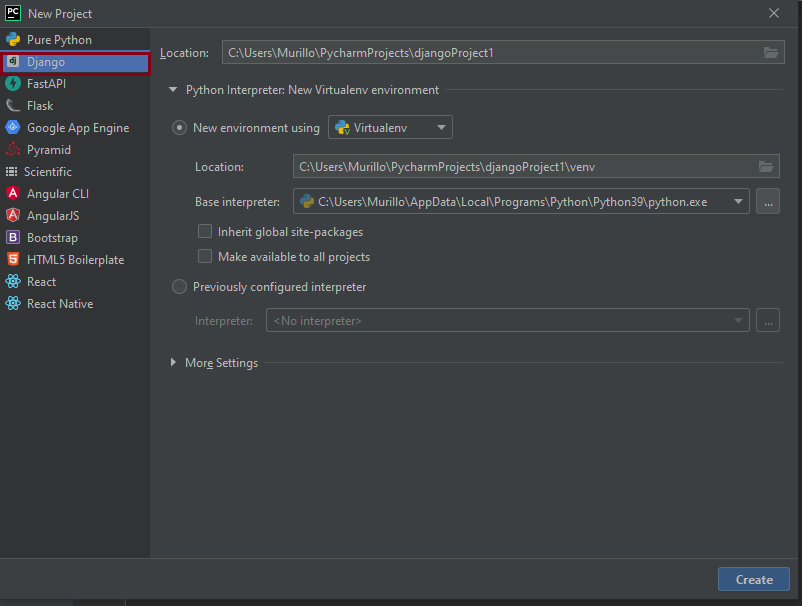 Ênfase na opção Django na janela de criar um novo projeto no PyCharm 