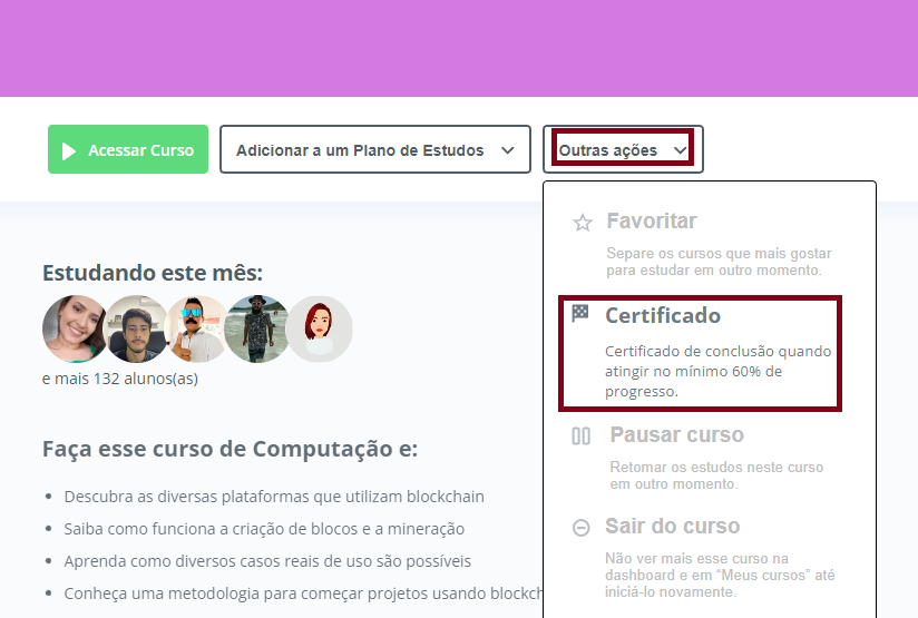 Página principal de um curso da plataforma com os botões Outras ações e Certificado marcados em vermelho.
