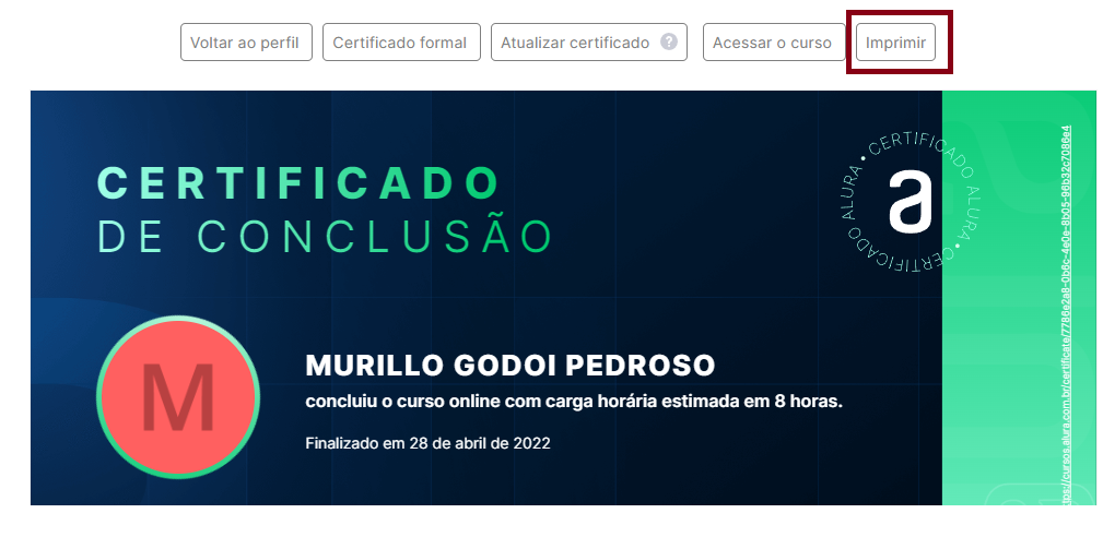 Página de certificado com o botão Imprimir marcado com vermelho.