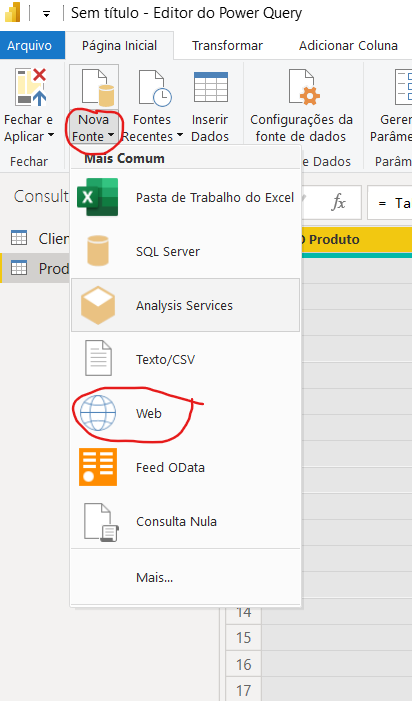 Opção 'Nova Fonte', 'Web' no Editor do Power Query