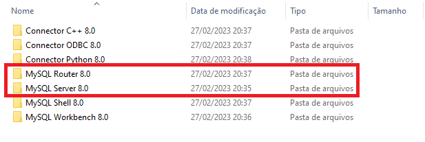 Diretório da pasta básica MySQL com as pastas MySQL Router 8.0 e MySQL Server 8.0 destacadas com um retângulo vermelho.