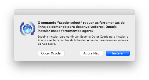 caixa de dialogo para a insatalação do xcode com os botões Obter Xcode, Agora não e instalar