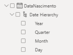 Hierarquia de data da coluna DataNascimento em inglês