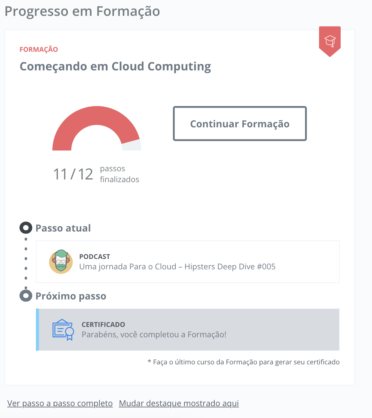 imagem do dashboard que mostra o progresso da minha Começando em Cloud Computing. passo atual marcando um podcast sobre a Jornada cloud