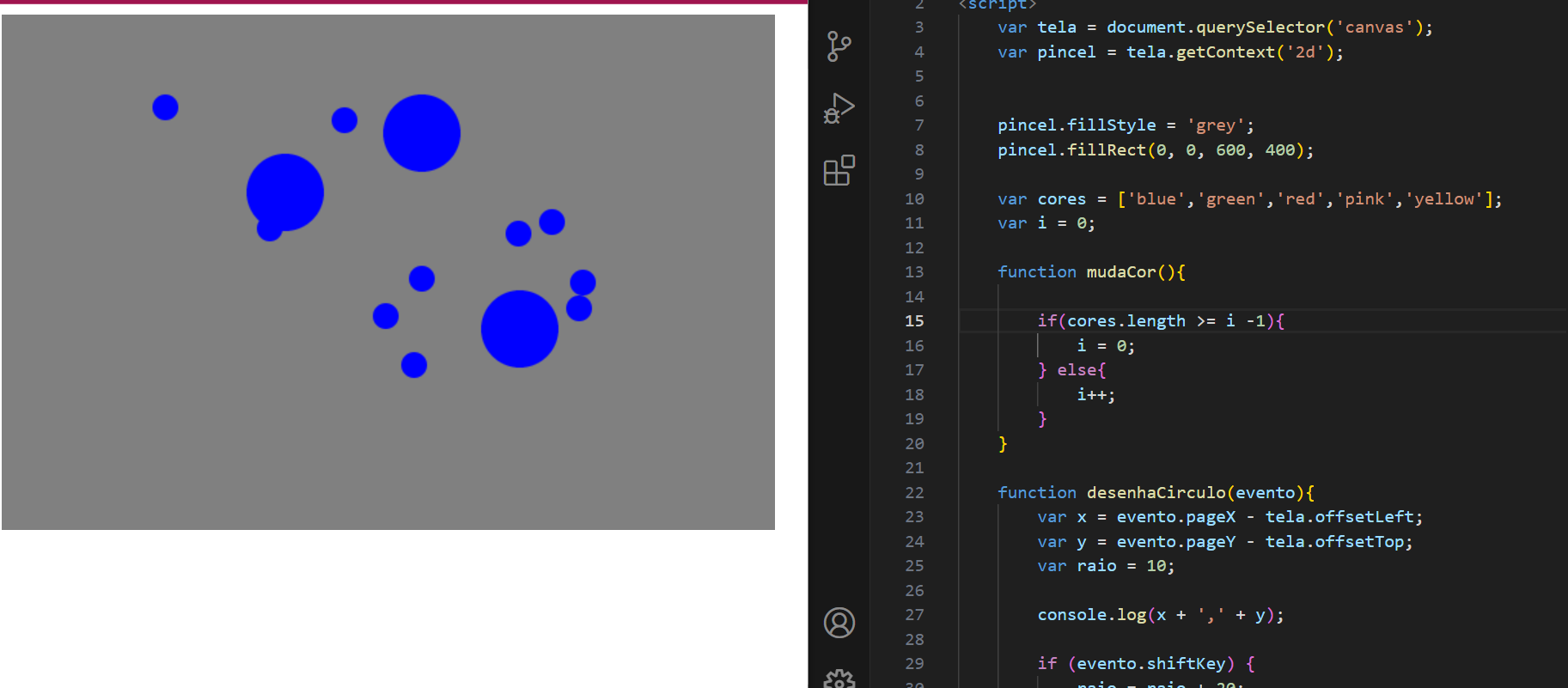 Circulos pequenos  e grandes em azul em uma tela cinza, ao lado o códig no VScode