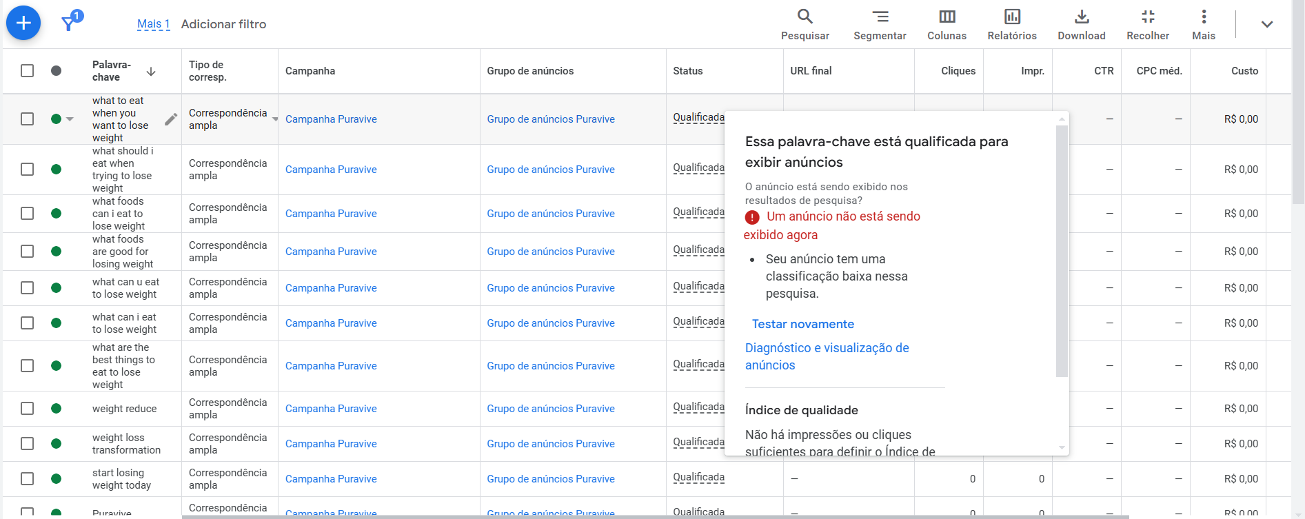 planilha com as palavras-chave que estão sendo utilizadas na campanha