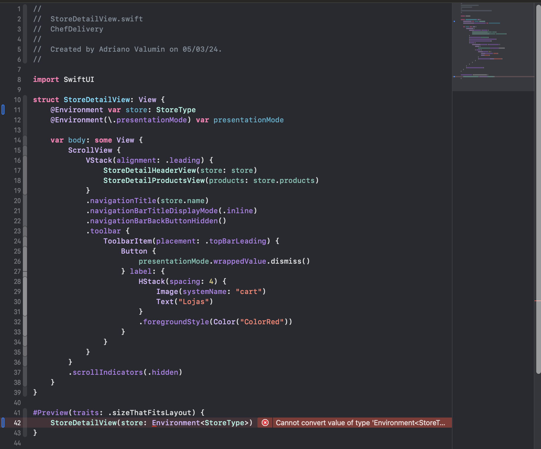 Imagem do Xcode mostrando código do arquivo StoreDetailView.swift após a finalização do curso