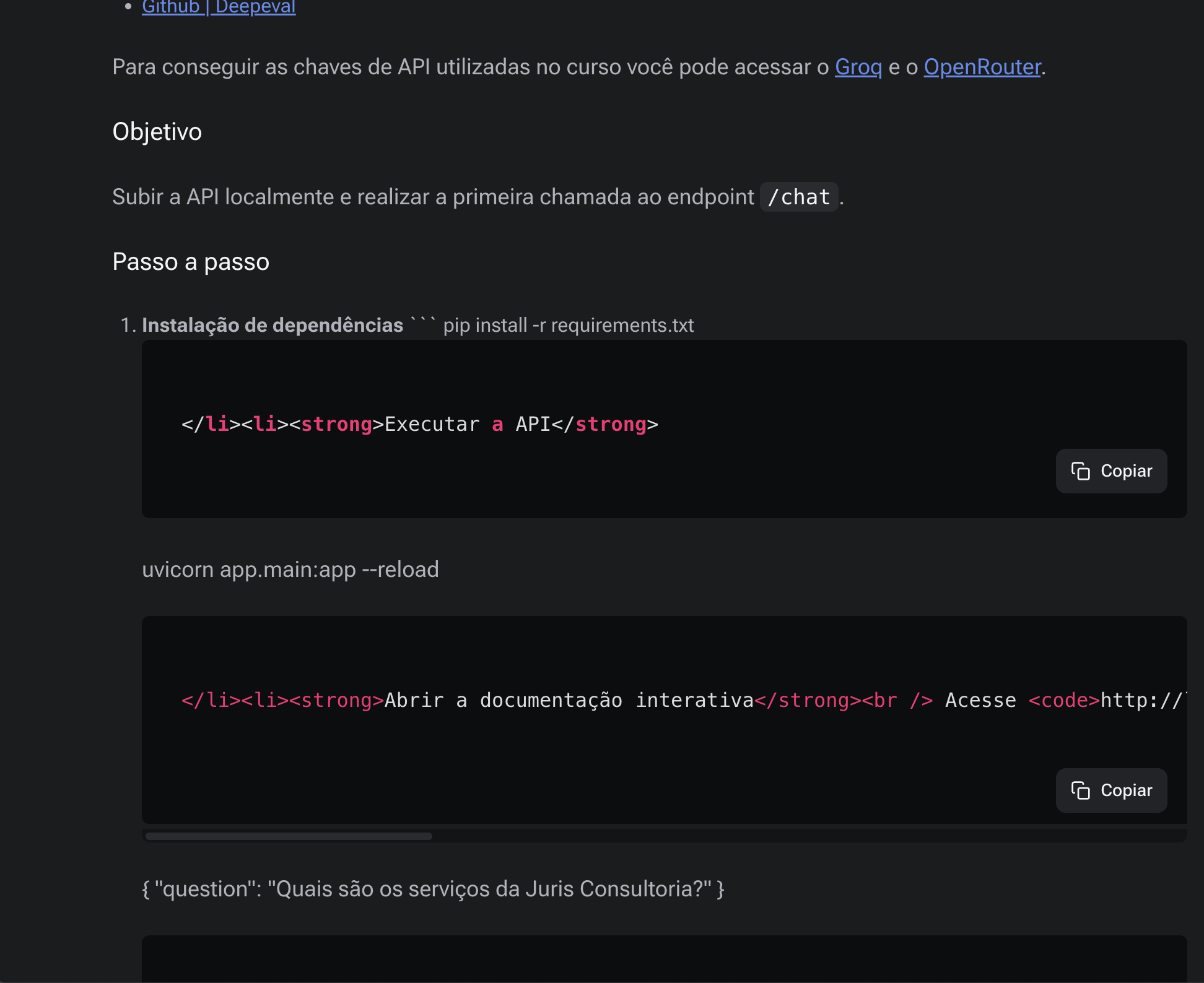 Bug na pagina HTML do curso mostrando trechos de código errados