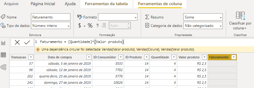 Uma dependência circular foi detectada: Vendas/Valor produto/, Vendas/Coluna/, Vendas/Valor produto/.