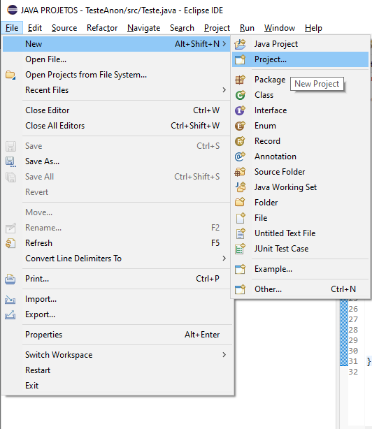 Foto mostrando o processo para criar um novo projecto no eclipse, esse processo é basicamente clicar na opção "File" que está presente no menu superior do eclipse, depois clicar em "New" e por último clicar em "Project"