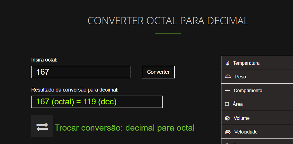 Foto mostrando a conversão de octal para decimal, sendo 116 octal virando 119 decimal