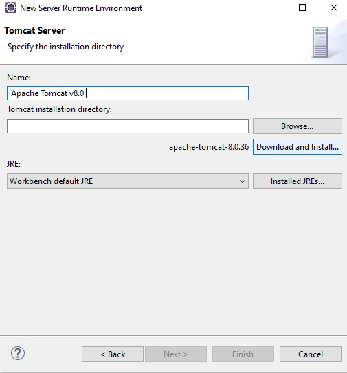 Foto mostrando a janela onde deve ser feito a instação do tomcat, nela deve ser clicado na opção "Download and Install" para o processo começar