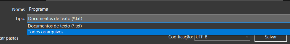 Foto mostrando a janela para configurar o salvamento do arquivo, onde o campo "tipo" deve ser alterado para "Todos os arquivos" e isso deve ser clicando em cima desse campo e selecionando essa opção