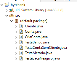 Foto mostrando todas as classes dentro do pacote bytebank