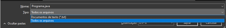 Print mostrando a página que abre após clicar em "salvar como", no campo nome presente na página, foi digitado o texto "Programa.java", e no campo tipo que está abaixo desse, foi alterado o tipo de "Documentos de Texto" para "Todos os arquivos"