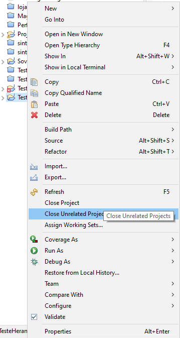 Imagem mostra a janela que abre quando clicamos com o botão direito em cima de um projeto no eclipse, nessa janela está presente varias opções e dentre essas opções a que está sendo selecionada e por isso está marcada em azul é a Close Unrelated Projects