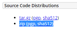 Print mostrando o bloco "Source code Distributions" do tomcat 9, com uma marcação mostrando que é para fazer o download da versão "zip"