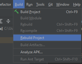 Print mostra a parte do menu do IntelliJ que tem a opção "Build", além disso, é mostrado essa opção sendo selecionada e a opção "Rebuild Project que aparece por conta disso também sendo selecionada