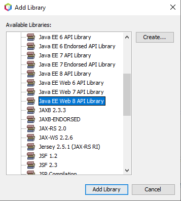 Foto mostrando a aba "Add Library" aberta, mostra o mouse selecionando a opção "Java EE Web 8 API Library" e clicando em "Add Library"