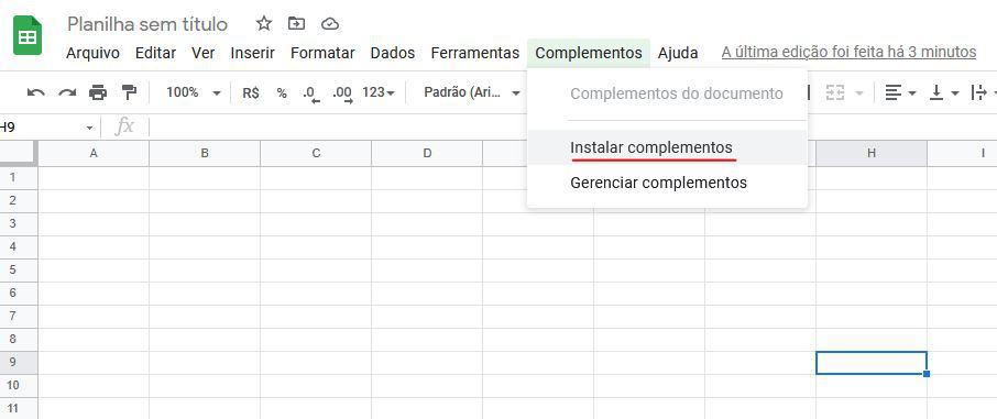 Selecionar opção de Instalar Complementos na aba Complementos do Google Sheets