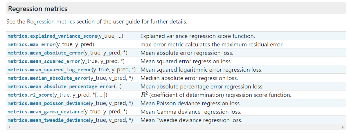 Métricas de regressão sklearn