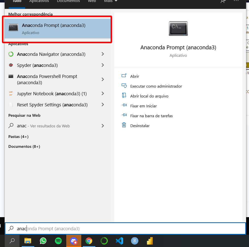 Anaconda prompt na barra de pesquisa do windows 10