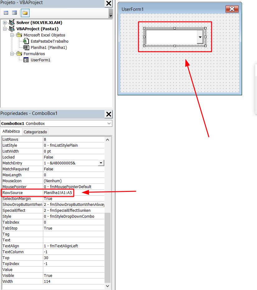 Caixa de combinação em destaque em um formulário VBA, a propriedade RowSource está destacada e com valor Planilha1!A1:A5, que é a fonte de dados que será inserida na caixa de combinação