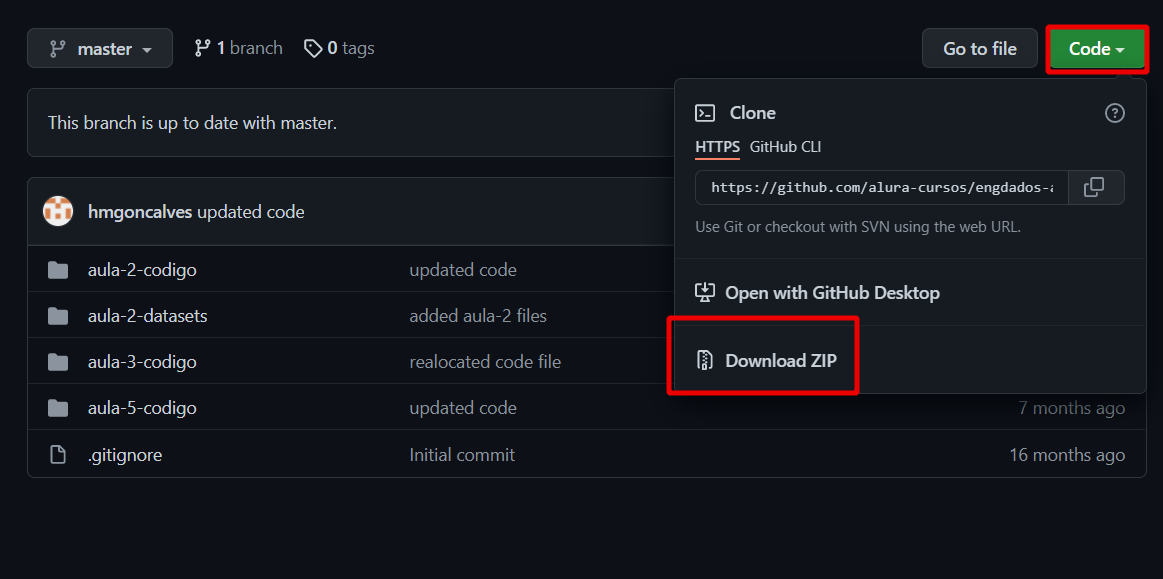 Plataforma do GitHub aberta na página inicial de um projeto, com a opção Download Zip em destaque, que pode ser acessada através do botão verde Code, no canto superior direito