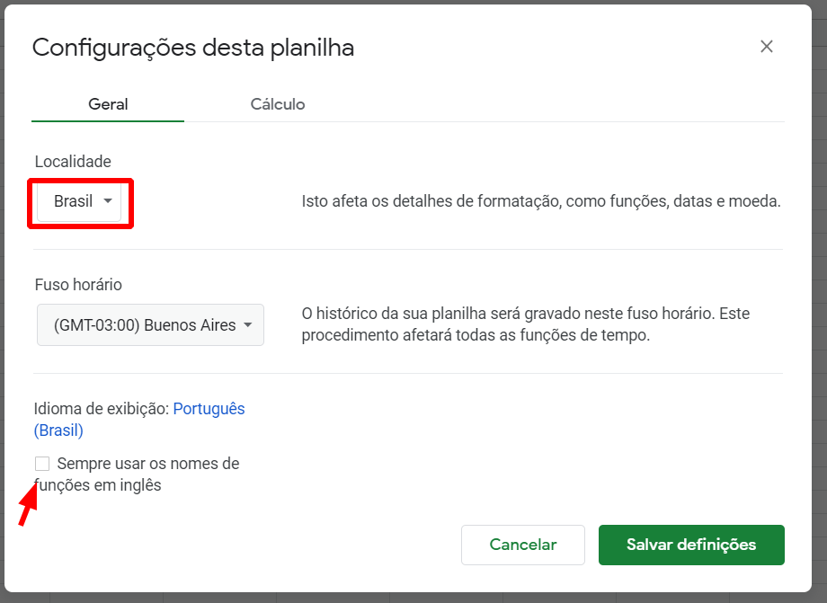 Localidade Brasil nas configurações do Google Sheets
