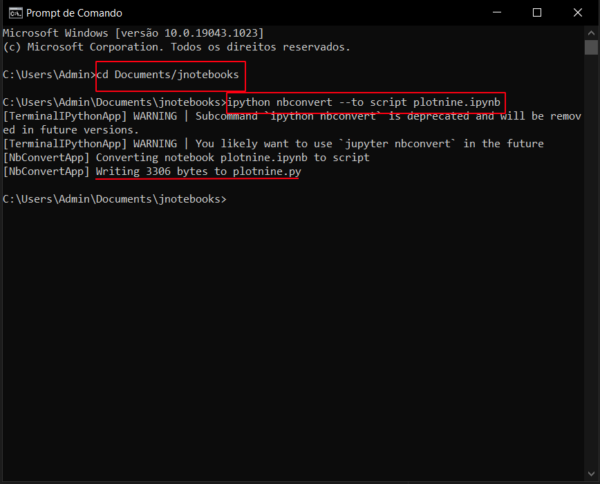 Usar comando change directory e converter arquivo de notebook para script no prompt de comando do windows