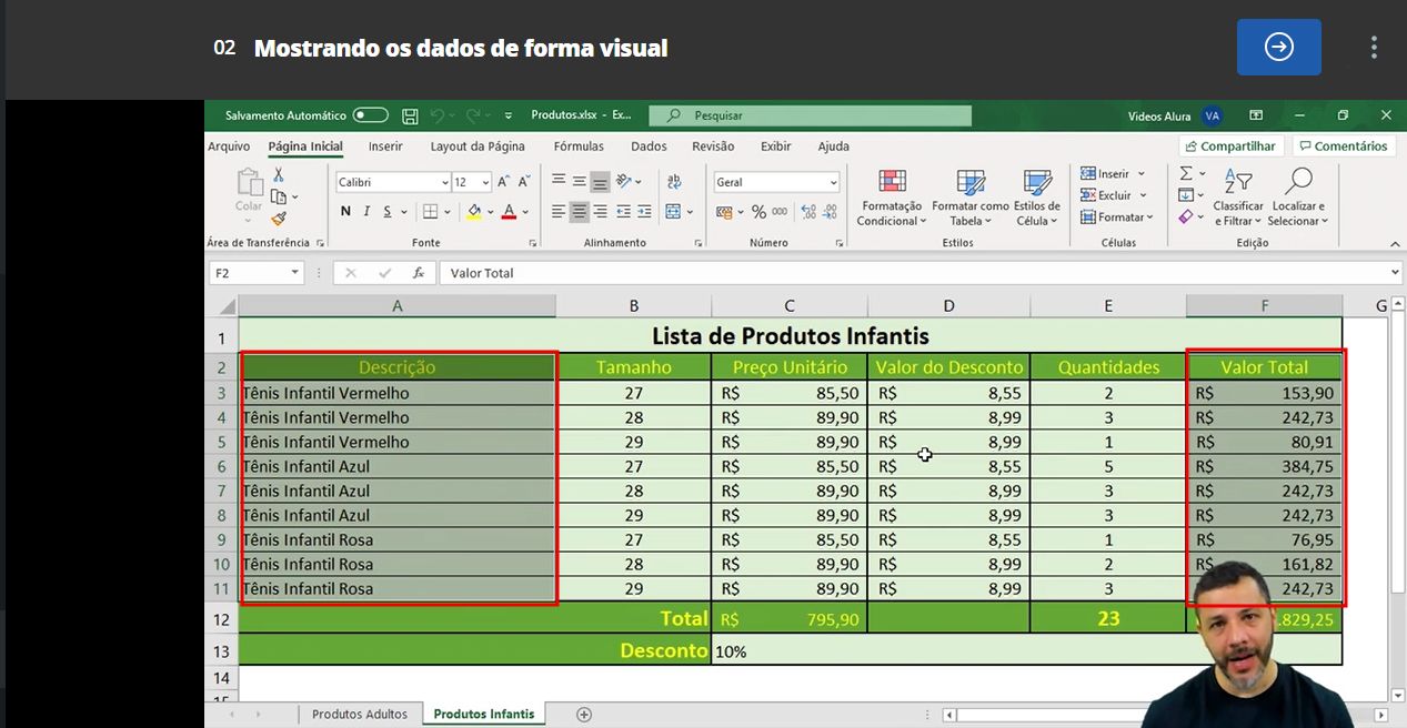 Aula 04, atividade 02: Mostrando os dados de forma visual do curso de Excel Domine o editor de planilhas no minuto 1:34. Há uma planilha com uma tabela com as células A2 a A11 e F2 e F11 em destaque com um retângulo vermelho