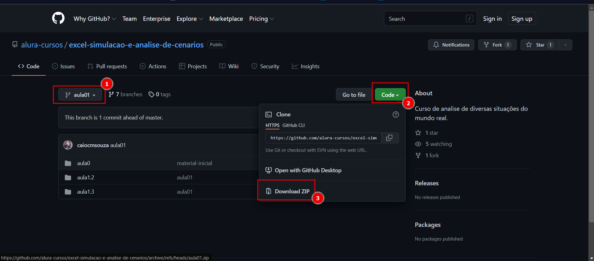 Página do github com um projeto aberto com passos numerados de 1 a 3, o passo 1 é referente a escolha da branch, o passo 2 é o botão Code e o passo 3 é o botão Download Zip